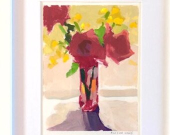 Pintura de la vida enmarcada original pintura acrílico flores rosas Brillantes - Pintura diminuta