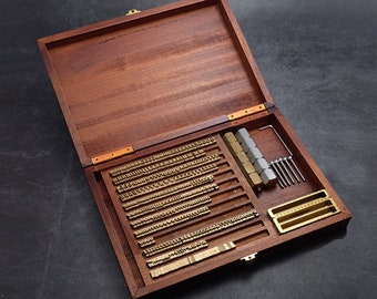 Luxury Leather Stamping Kit: Wood Box Set with Brass Stamps