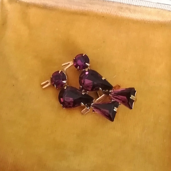 40s Vintage BIRD lapel pin, 1940s Purple Crystal jewelry, animal lapel pin, Mid Century rare costume jewelry, Birds Stylish Jacket Brooch