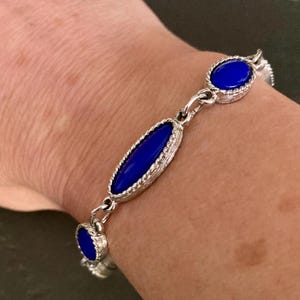 Mid Century Blue Enamel Bracelet, Silver Plated Link, Vintage Sarah Coventry Jewelry, Dainty Designer Gift