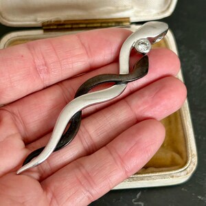 May include: A silver-toned brooch featuring a dual-strand, intertwined snake-like design with one polished metallic strand and one dark, oxidised strand. A single, clear, round-cut gemstone is set near the head of the brooch.