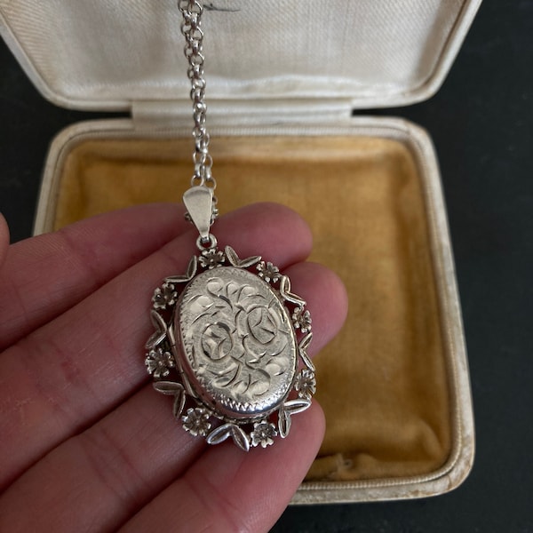 BIG SILVER Oval Locket, Floral pendant necklace on Chain, Sterling Silver Engraved Vintage Silver Jewelry, 1970s Birmingham Silver