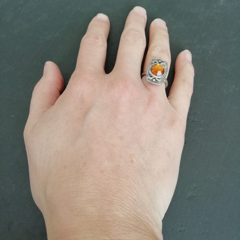 1960s orange faceted glass and silver plated ring size 6 Small vintage ring UK Size L12 rectangle adjustable dress ring U.S