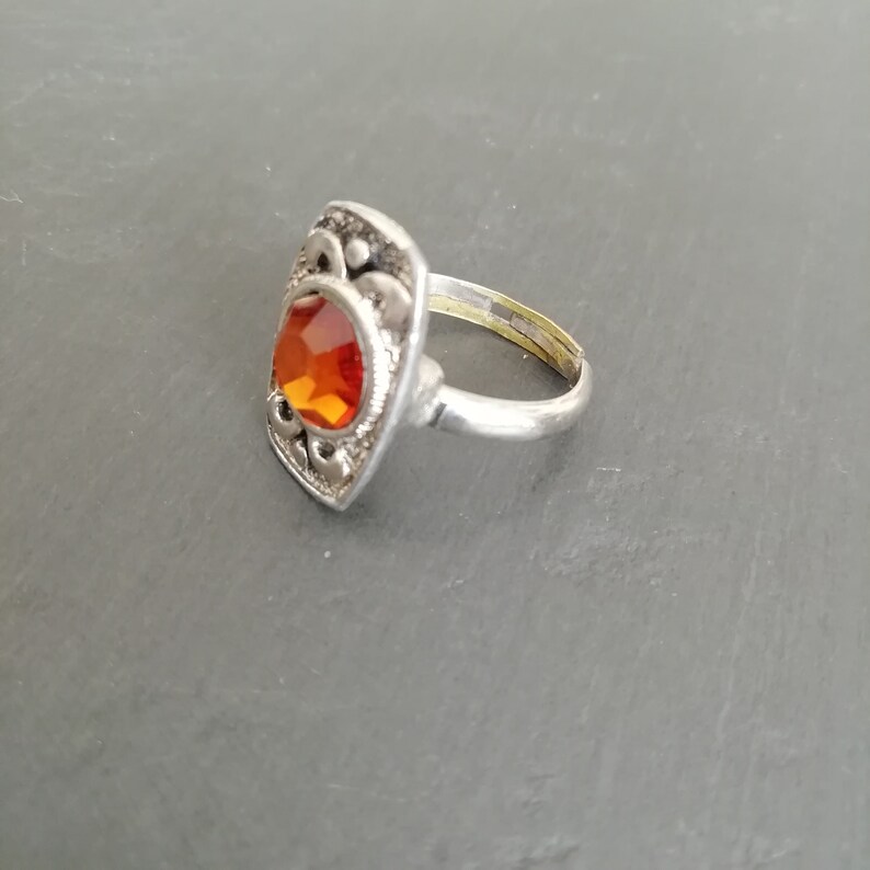 1960s orange faceted glass and silver plated ring size 6 Small vintage ring UK Size L12 rectangle adjustable dress ring U.S