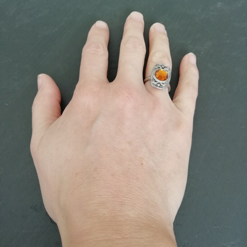 1960s orange faceted glass and silver plated ring size 6 Small vintage ring UK Size L12 rectangle adjustable dress ring U.S
