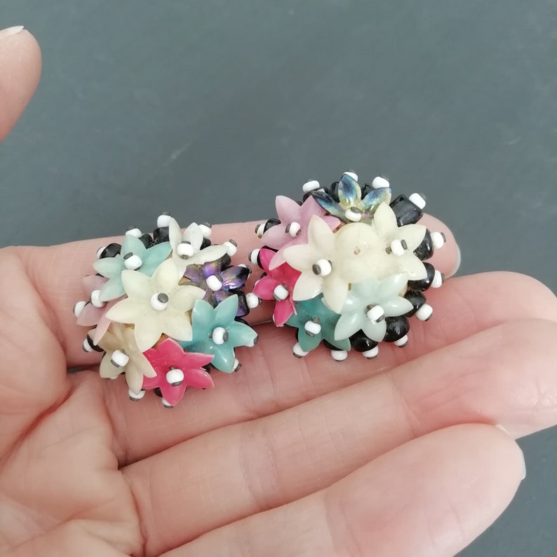 Mid Century early plastic earrings retro jewelry 50s Vintage CELLULOID earrings 1950s flower beaded earrings