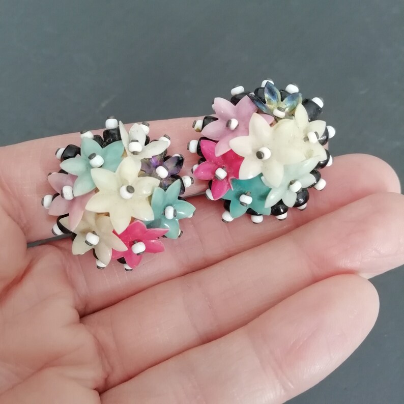 Mid Century early plastic earrings retro jewelry 50s Vintage CELLULOID earrings 1950s flower beaded earrings