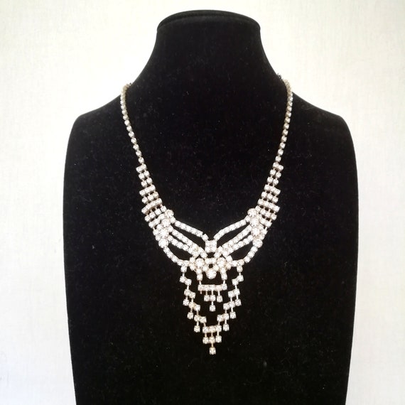 60s RHINESTONE choker necklace, 1960s vintage silv