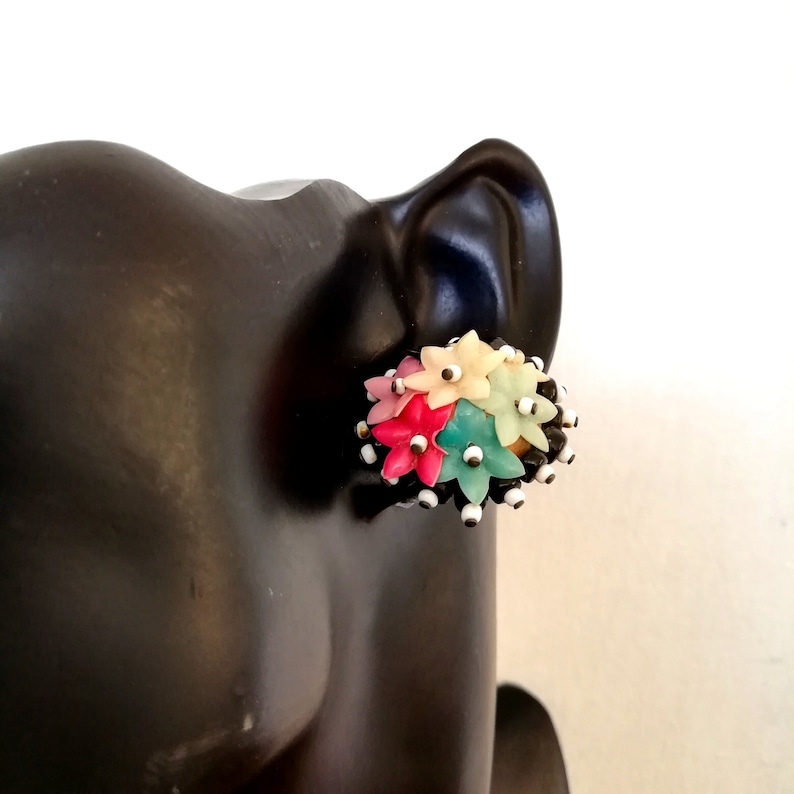 Mid Century early plastic earrings retro jewelry 50s Vintage CELLULOID earrings 1950s flower beaded earrings