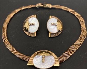 Ermani BULATTI Conjunto de collar de gargantilla de oro vintage, collar Art Déco de la década de 1990 y pendientes de clip, conjunto de joyería vintage de diseñador coleccionista
