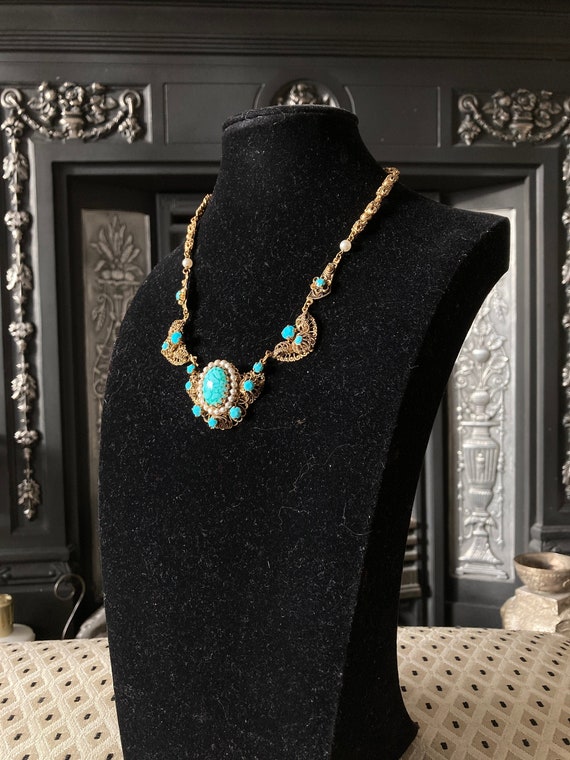 Czech necklace - vintage 1930s blue and gold choke
