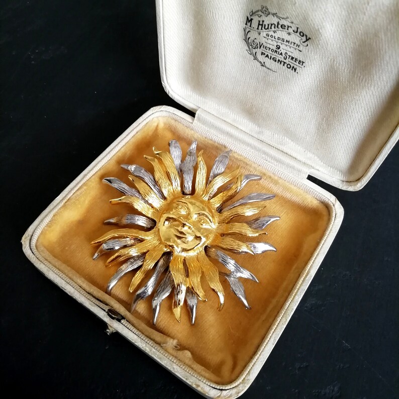 VINTAGE Celestial SUN pin Rare Gold and Silver Sun Brooch Astrological Jewellery Huge JJ pewter brooch Statement Pin Gift for Her