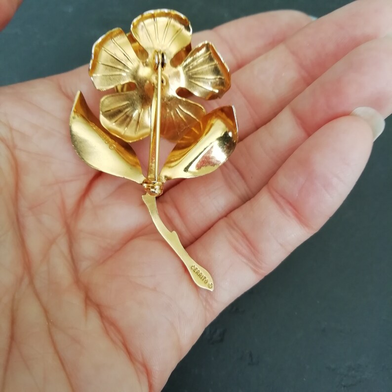 signed designer rosebud vintage pin 60s gold ROSE pin 1960s metal Cerrito ROSE lapel pin rose jewellery