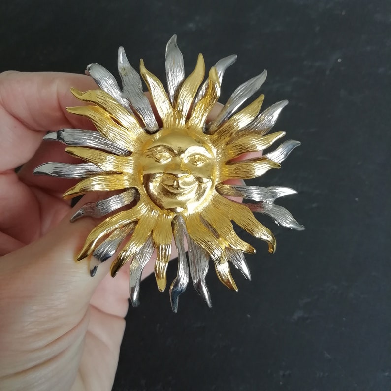VINTAGE Celestial SUN pin Rare Gold and Silver Sun Brooch Astrological Jewellery Huge JJ pewter brooch Statement Pin Gift for Her
