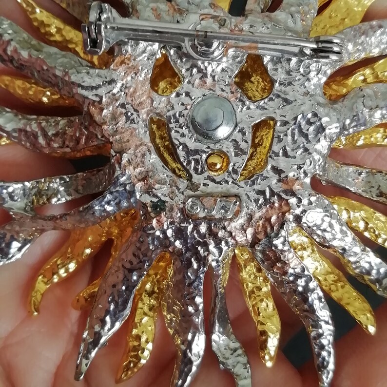 VINTAGE Celestial SUN pin Rare Gold and Silver Sun Brooch Astrological Jewellery Huge JJ pewter brooch Statement Pin Gift for Her