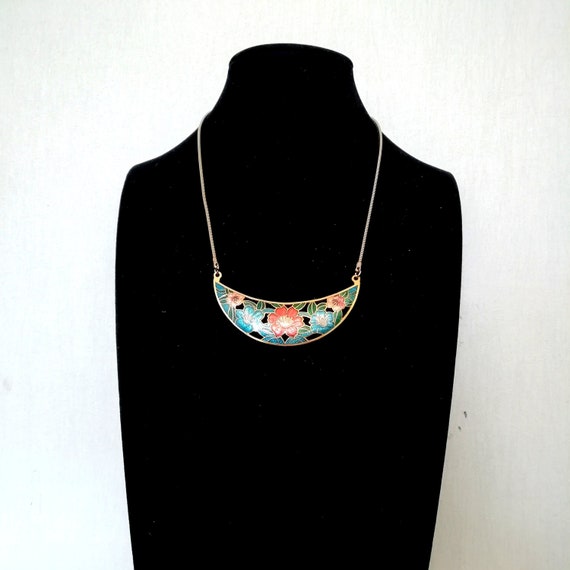 80s CLOISONNE bib necklace, delicate BLUE enamel f