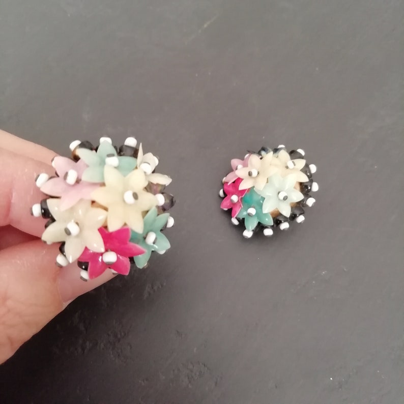 Mid Century early plastic earrings retro jewelry 50s Vintage CELLULOID earrings 1950s flower beaded earrings
