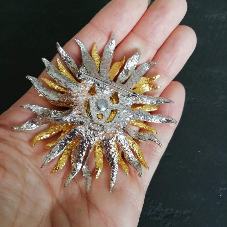 VINTAGE Celestial SUN pin Rare Gold and Silver Sun Brooch Astrological Jewellery Huge JJ pewter brooch Statement Pin Gift for Her