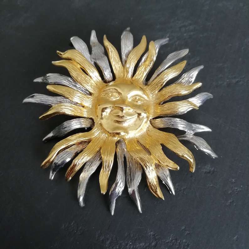 VINTAGE Celestial SUN pin Rare Gold and Silver Sun Brooch Astrological Jewellery Huge JJ pewter brooch Statement Pin Gift for Her