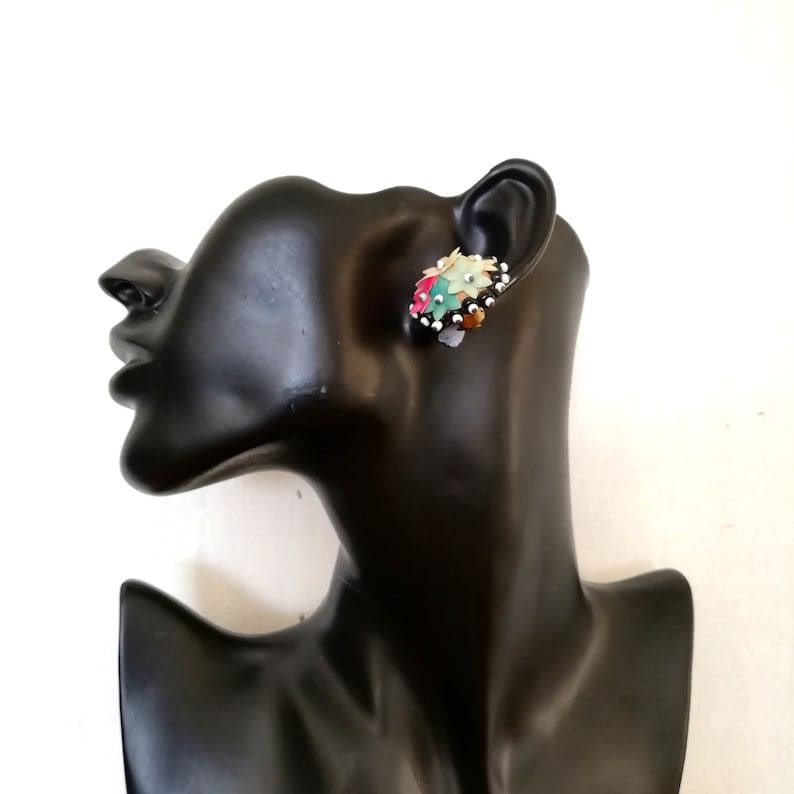 Mid Century early plastic earrings retro jewelry 50s Vintage CELLULOID earrings 1950s flower beaded earrings