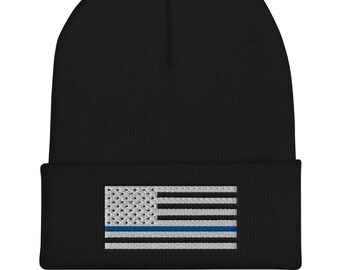 Linea blu sottile / Bandiera americana / Berretto Beanie Cappello / Regali agente di polizia / Ufficiale di polizia / Forze dell'ordine / Polizia Moglie / Accademia di Polizia