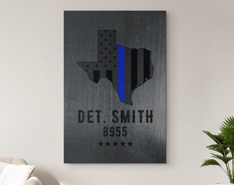 Personalized Thin Blue Line American Flag Texas Canvas Wall Art Police Officer Gifts Law Enforcement Wife