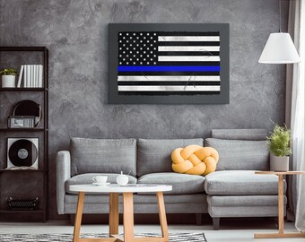Custom | Personalized | Thin Blue Line | American Flag | Canvas Wall Art | Police Officer Gifts
