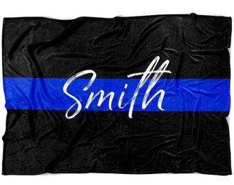 Personalized Solid Thin Blue Line American Flag Fleece Blanket Police Officer Gifts Dad Mom LEO Retirement Graduation