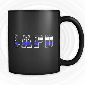 May include: Black coffee mug with a white "LAPD" graphic featuring a blue and white thin blue line flag design.