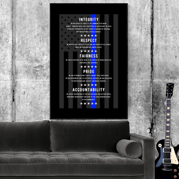 Custom | Integrity Oath | Thin Blue Line | American Flag | Canvas Wall Art | Police Officer Gifts