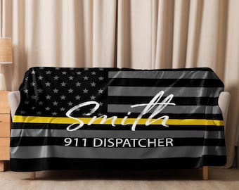 911 Dispatcher gifts - Thin Gold Line American Flag | Personalized Sherpa Blanket | 911 Dispatcher | Dispatcher Gift | Dispatch Gift