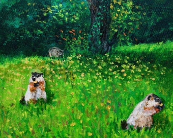 Woodchucks Eating Late Summer Apples at John Greenleaf Whittier Birthplace 12" x 16" acrylic painting by Mark Reusch