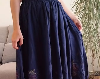 Vintage circle navy skirt / 70's dark blue embroidered midi skirt