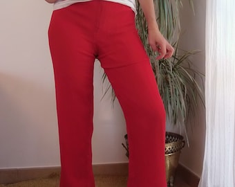 Vintage 100% silk red pants / 90's silk wrinkle fabric high waisted trousers