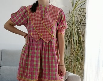 Vintage plaid pink and green mini dress / 80's girl short dress with big collar