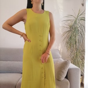 Vintage Alain Manoukian lime green maxi dress / 90&#39;a shirt dress with buttons on the front