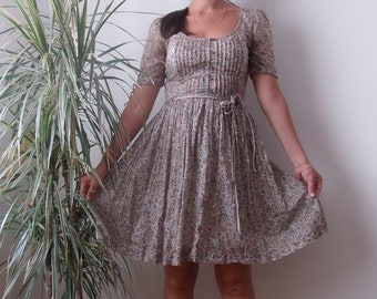 Vintage liberty print dress / Vintage pink and green floral print mini dress with scoop neck and full skirt