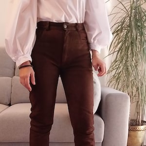 Vintage 100% leather brown pants / 90's high rise chocolate brown suede trousers image 1