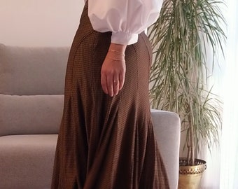 Vintage bias cut brown and gold skirt / 90's panel midi skirt with geometric print