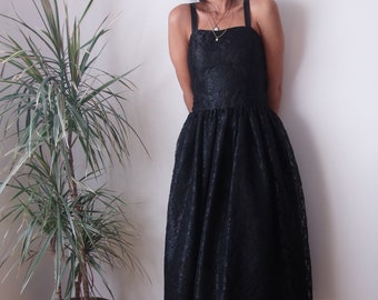 80's black lace midi dress / midi prom black dress /Maxi lace vintage dress /Lace black dress with removable strapes