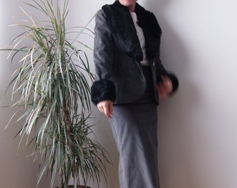 Vintage velvet three piece set / 50&#39;s velvet suit check set / handmade houndstooth midi skirt blazer suit / Plaid blazer fur collar S