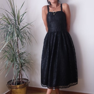 80&#39;s black lace midi dress / midi prom black dress /Maxi lace vintage dress /Lace black dress with removable strapes