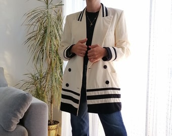 Vintage ESCADA 100% new wool blazer / 80's sailor black and white cream jacket coat
