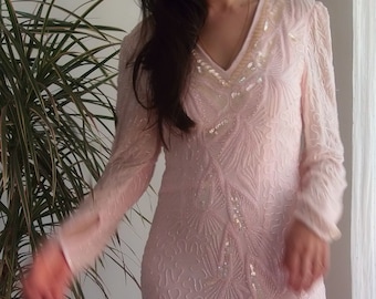Vintage Sequin Maxi Dress, 100% Silk Beaded Gown (Fits S)