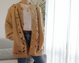 Cárdigan beige mohair vintage / cárdigan suéter forrado de los años 80 tejido con lentejuelas