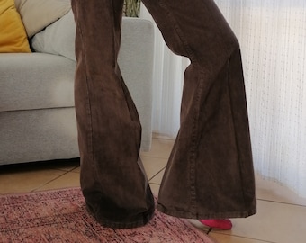 Vintage dode voorraad 100% katoen bruine corduroy flare broek / jaren 90 chocoladebruine Bell zoom broek