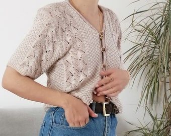 Vintage beige crochet top / 90&#39;s handmade short sleeve Knit cardigan