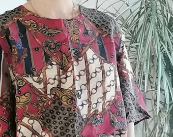 Vintage 100% silk baroque blouse / 90's burgundy patchwork shirt
