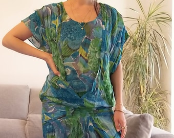 Vintage René Derhy vestido de cintura caída / 80's hace vestido midi de viscosa verde y azul de los años 20