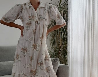 Vintage Cottagecore Floral Midi Dress, 80s Ruffled Nightgown